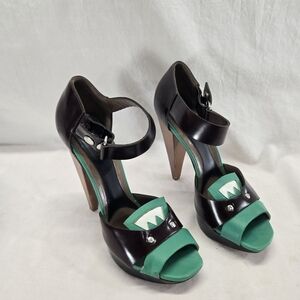 Marni Women's Size 38.5 Green Brown Ankle-Strap Platform Heels Sandals